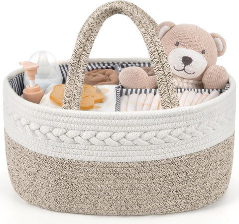 Maliton Baby Diaper Caddy Organizer, X-Large Cotton Rope, Rustic Style, Portable, 3 Compartments, A-Brown