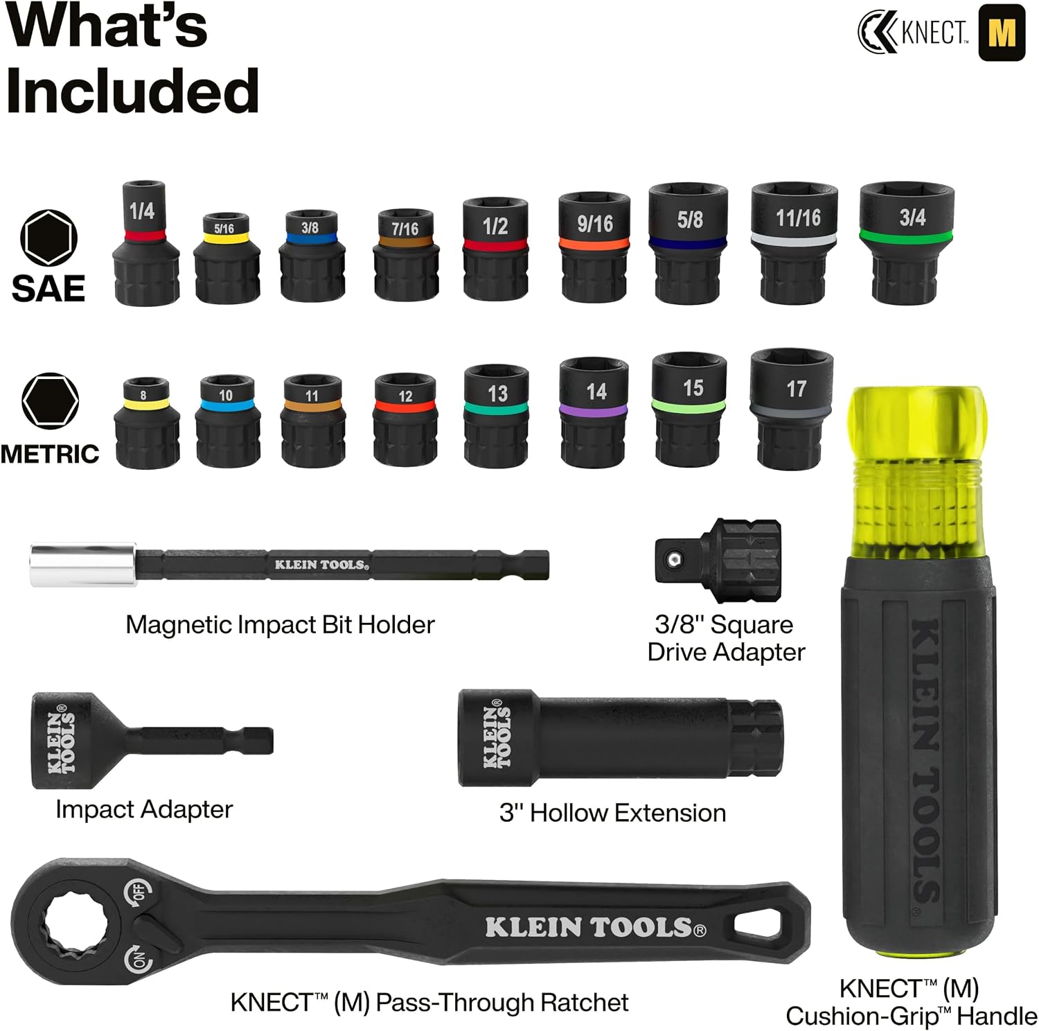Klein Tools 65400KNECT KNECT Essential Pass Through Impact Socket Set, SAE and Metric, 90-Tooth Ratchet, MODbox Case, 3/8-Inch Drive, 28-Piece