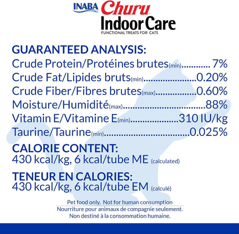 INABA Churu Indoor Care for Hairball Control, Functional Lickable Cat Treat with Taurine & Green Tea Extract, 0.5oz Each, 20 Tubes Total, Chicken & Salmon Variety