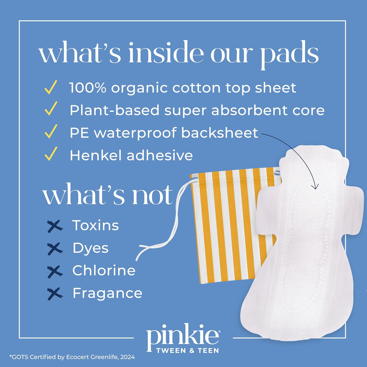 Pinkie Overnight Pads for Tweens & Teens, Organic Cotton Topsheet, 16 Ct