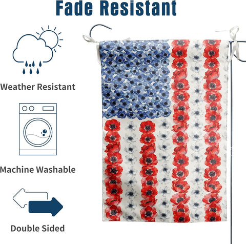 Patriotic Flower American House Flag 28 x 40 Double Sided Spring Summer Garden Decor 4th of July Memorial Independence Day Decorations Red White Blue Poppy Yard Banner for Outside