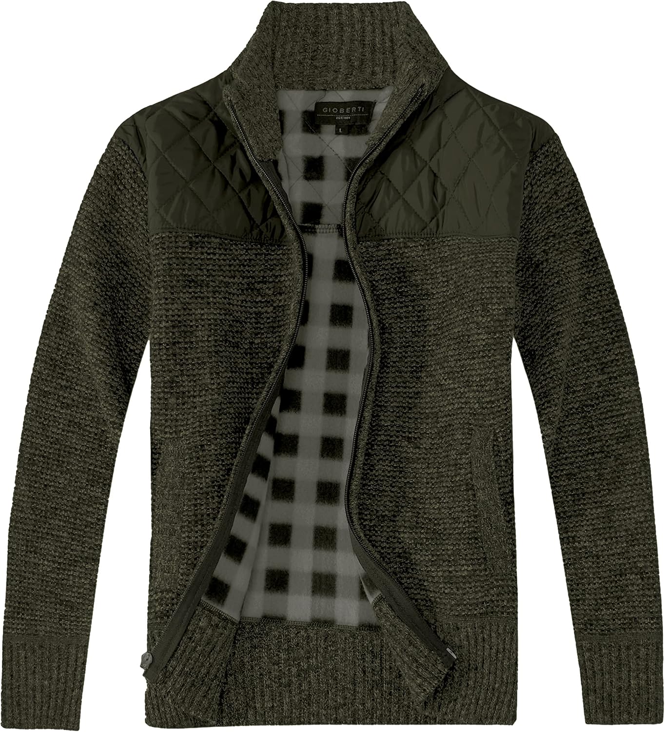 Gioberti Men's Knitted Regular Fit Full Zip Cardigan Sweater with Soft Brushed Flannel Lining.