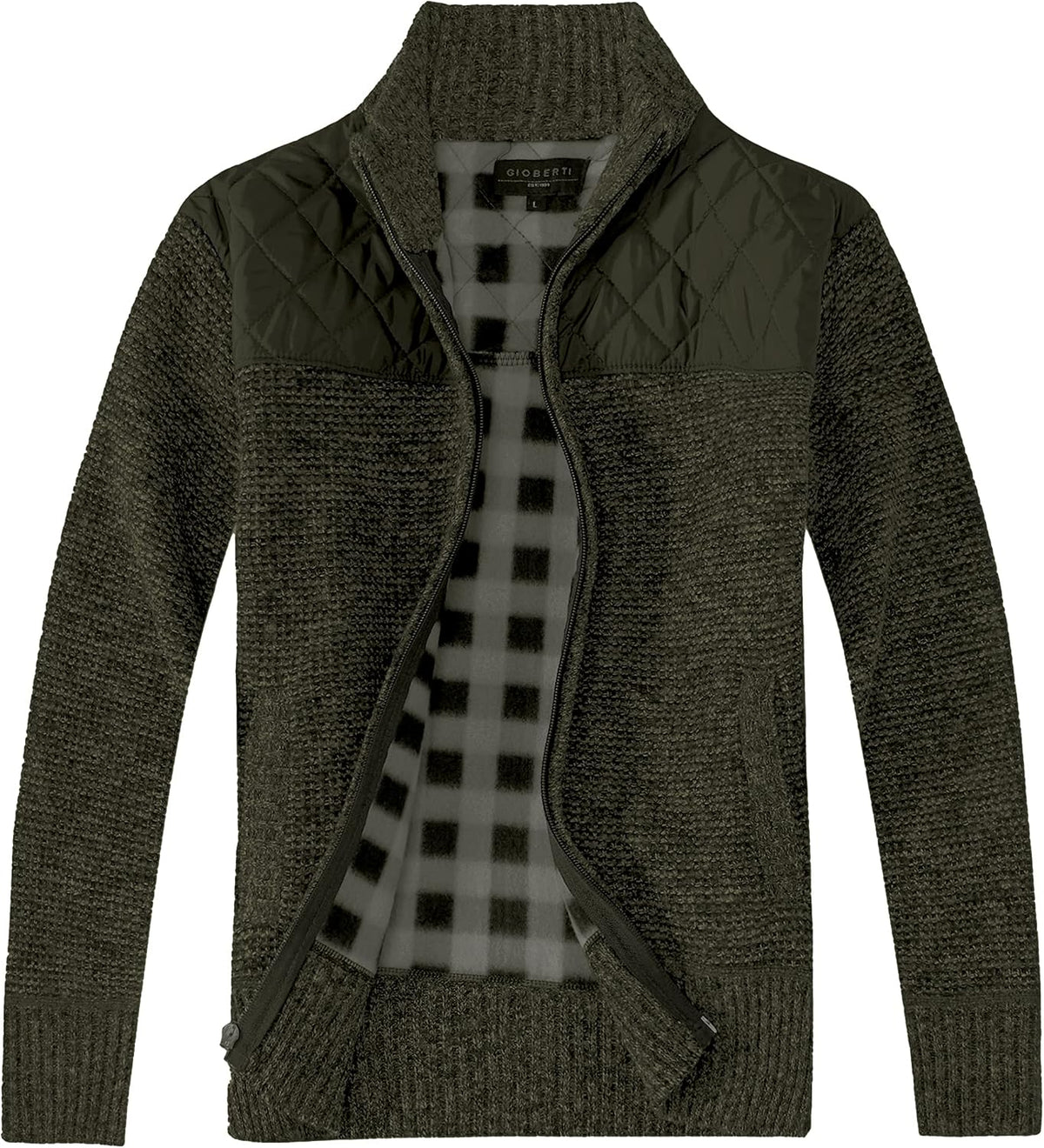 Gioberti Men's Knitted Regular Fit Full Zip Cardigan Sweater with Soft Brushed Flannel Lining.