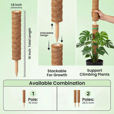 4 Pack 16" Moss Pole Monstera Plant Support - Stackable up to 48"