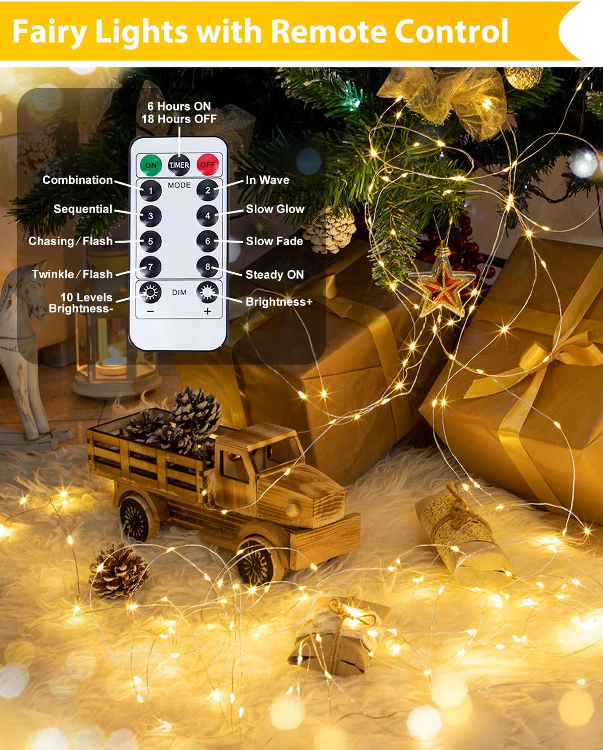 4 Pack 100 LED Fairy Lights Battery Operated with Remote, 33 FT Warm White