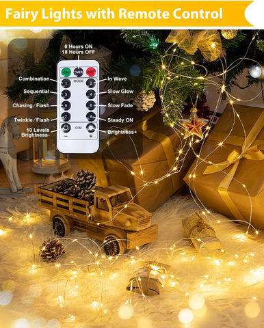 4 Pack 100 LED Fairy Lights Battery Operated with Remote, 33 FT Warm White