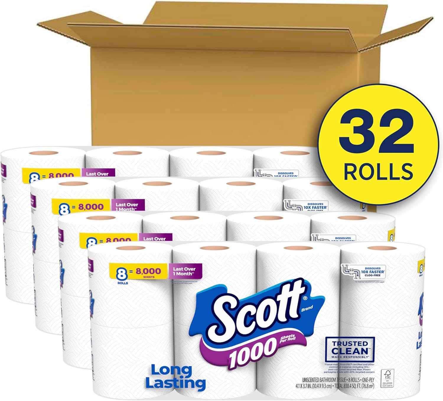 Scott 1000 Trusted Clean Toilet Paper, 32 Rolls, 1000 Sheets per Roll