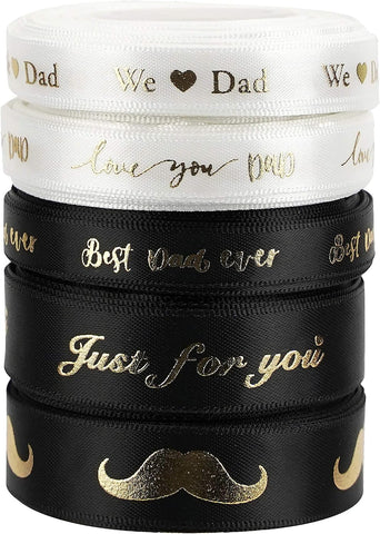 MEEDEE Happy Father's Day Ribbon Fathers Day Decorations Gift Box Wrapping Paper Decor Thank You Satin Thin Ribbon Assorted Black Satin, 5 Rolls with 10 Yards Each Total 50 Yards