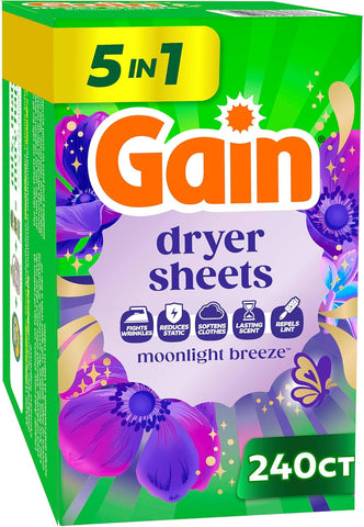 Gain, Laundry Dryer Sheets, Fabric Softener Anti Static Sheets, Moonlight Breeze Scent, 240 Count (Packaging May Vary)