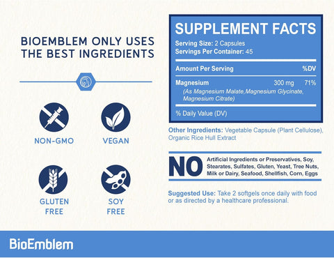 BioEmblem Magnesium Glycinate Complex, 300mg Per Serving, 90 Capsules