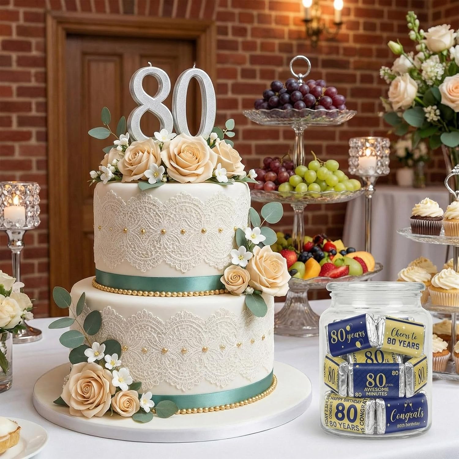 Tenare 90 Pcs 80th Birthday Candy Wrappers, Blue and Gold Stickers