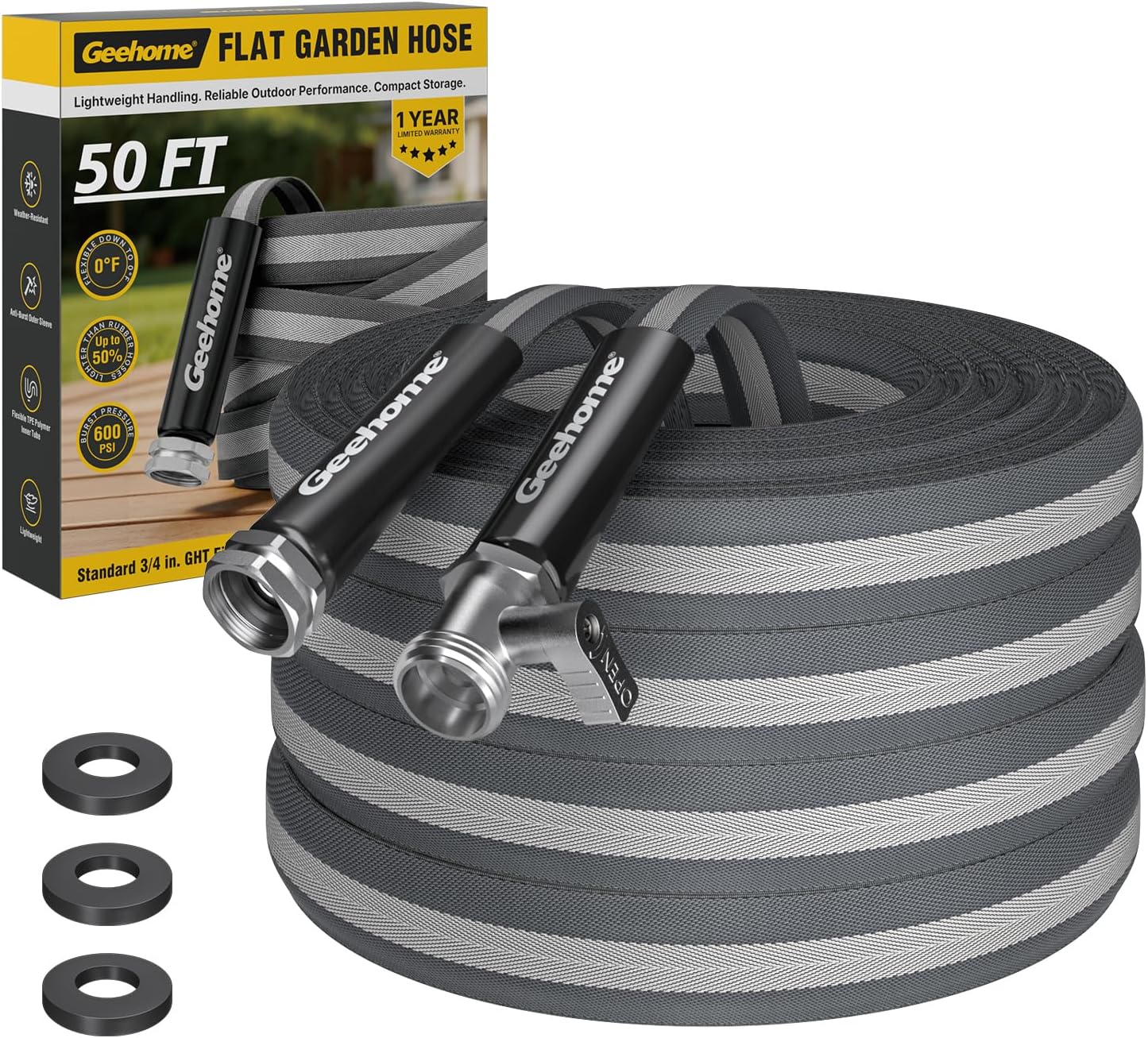 Lightweight Flat Garden Hose 50FT, Flexible Water Hose with Shutoff Valve, TPE Inner Tube, 3/4" Metal Fittings, Practical Dark Finish for Garden, Yard and Outdoor Cleaning