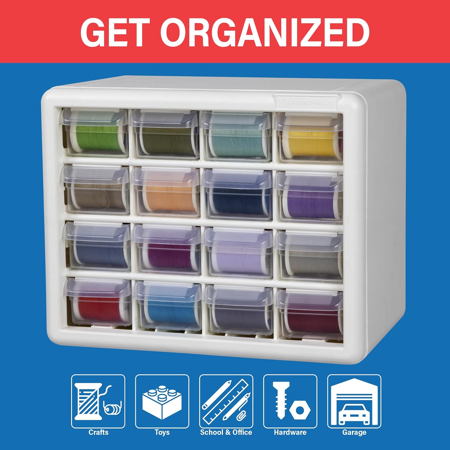 Akro-Mils 16-Drawer Plastic Storage Cabinet, 10.5"W x 6.5"D x 8.5"H, White