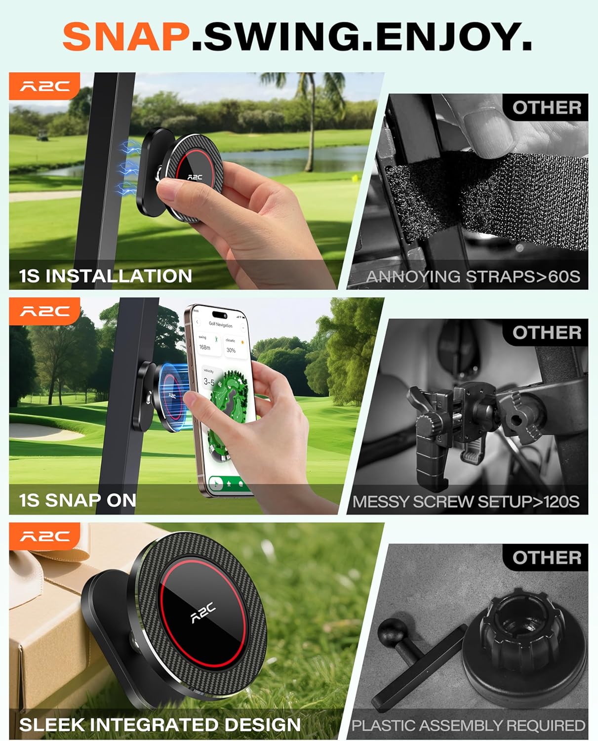 A2C Alloy Magnetic Golf Cart Phone Holder, Golf Accessories for Men, Black