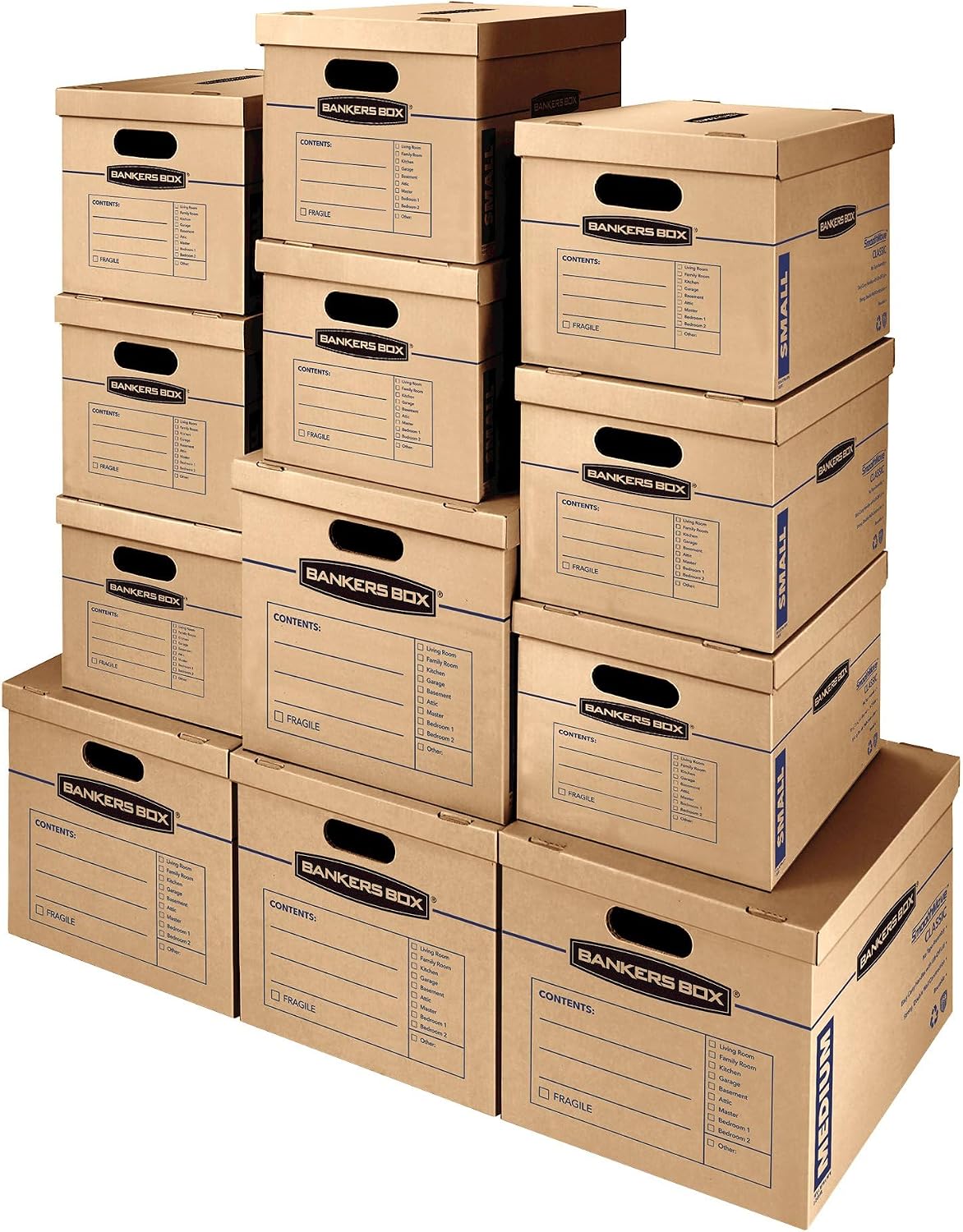 Bankers Box Classic Moving Box 12 Pack Kit, Reinforced Handles, Tape-Free Assembly, Box with Lid, 8 Small and 4 Medium Boxes (7716401) | Take the guesswork out of moving with a mixed box kit built for small, medium, and large household items.