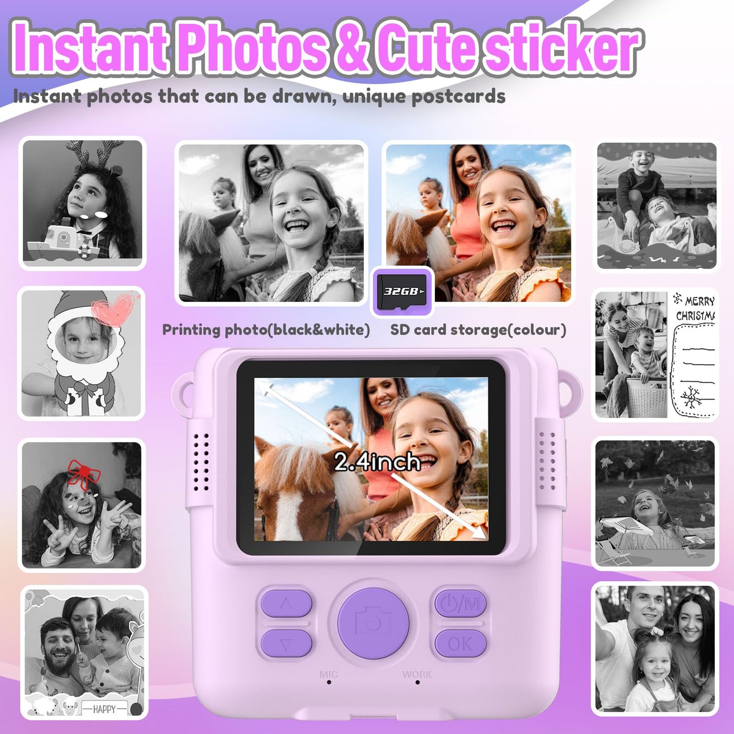 ESOXOFFORE Instant Print Camera for Kids, Christmas Birthday Gifts for Girls Boys, HD Digital Video Cameras for Toddler, Portable Toy for 4 5 6 7 8 9 10 Year Old Girl with 32GB SD Card-Purple