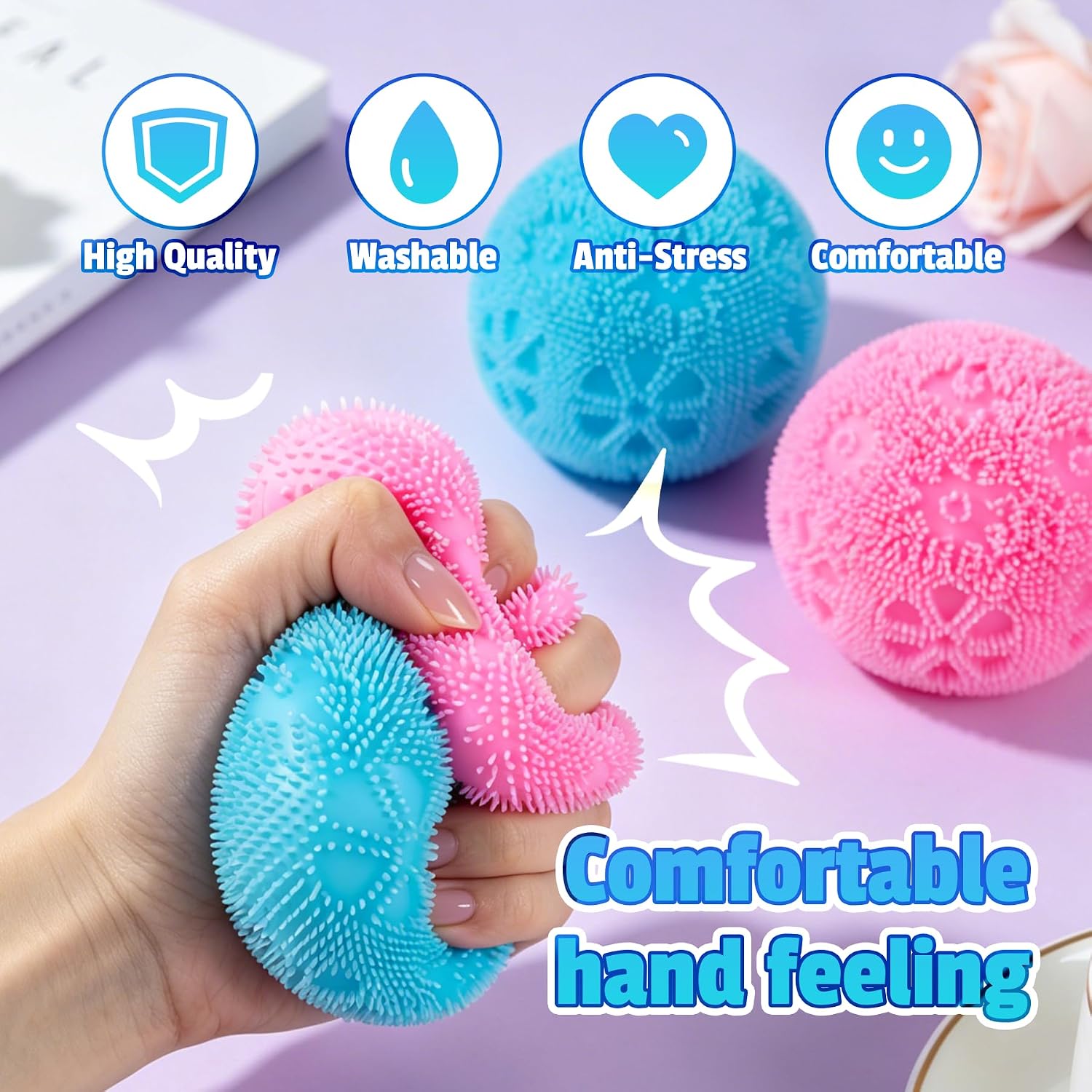 Fuzz Ball Squishy Stress Ball,Fuzzball Squishy,Soft Fidget Toy for Anxiety Relief, Sensory Squishy Ball Calming Tactile Grip for Soft Stress Relief Ball for Kids and Adults (Blue)