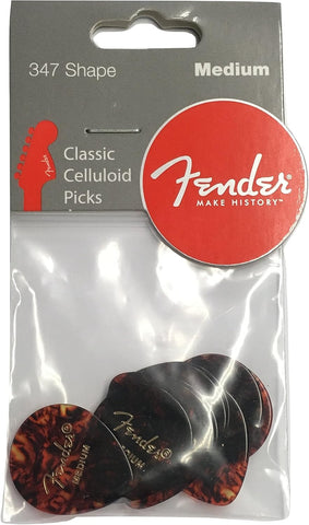 Fender Classic Celluloid Guitar Picks 347 Shape, Guitar Accessories, Tortoise Shell, Medium, 12-Pack