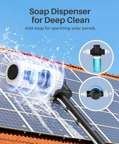 Electric Solar Panel Cleaning Brush, 20Ft, Soap Dispenser & Water Fed Pole