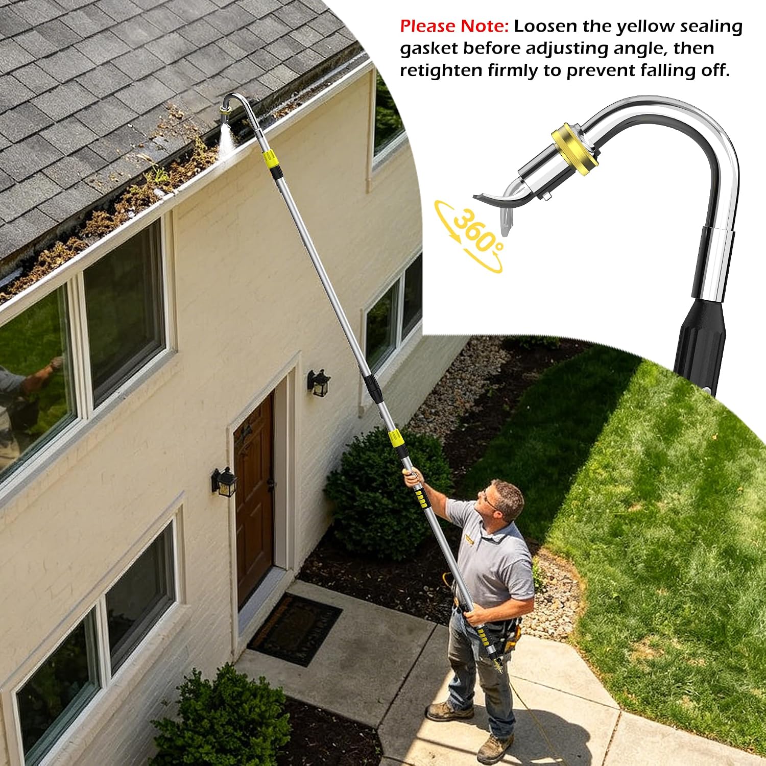 24FT Reach Telescopic Gutter Cleaning Tool, 8-15FT Gutter Cleaner from the ground with 360°Rotatable Duckbill Metal Head, Shut Off Valve, Leak-Proof Gutter Cleaning Wand for Garden Hose