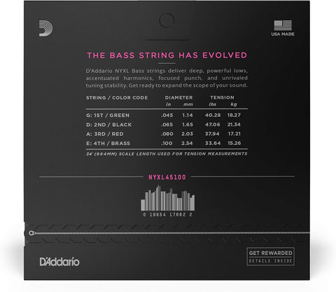 D'Addario NYXL Bass Guitar Strings 45-100, Regular Light, 4-String