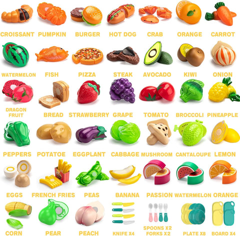 115 Pcs Cutting Play Food Toy for Kids with 2 Colors Storage Baskets
