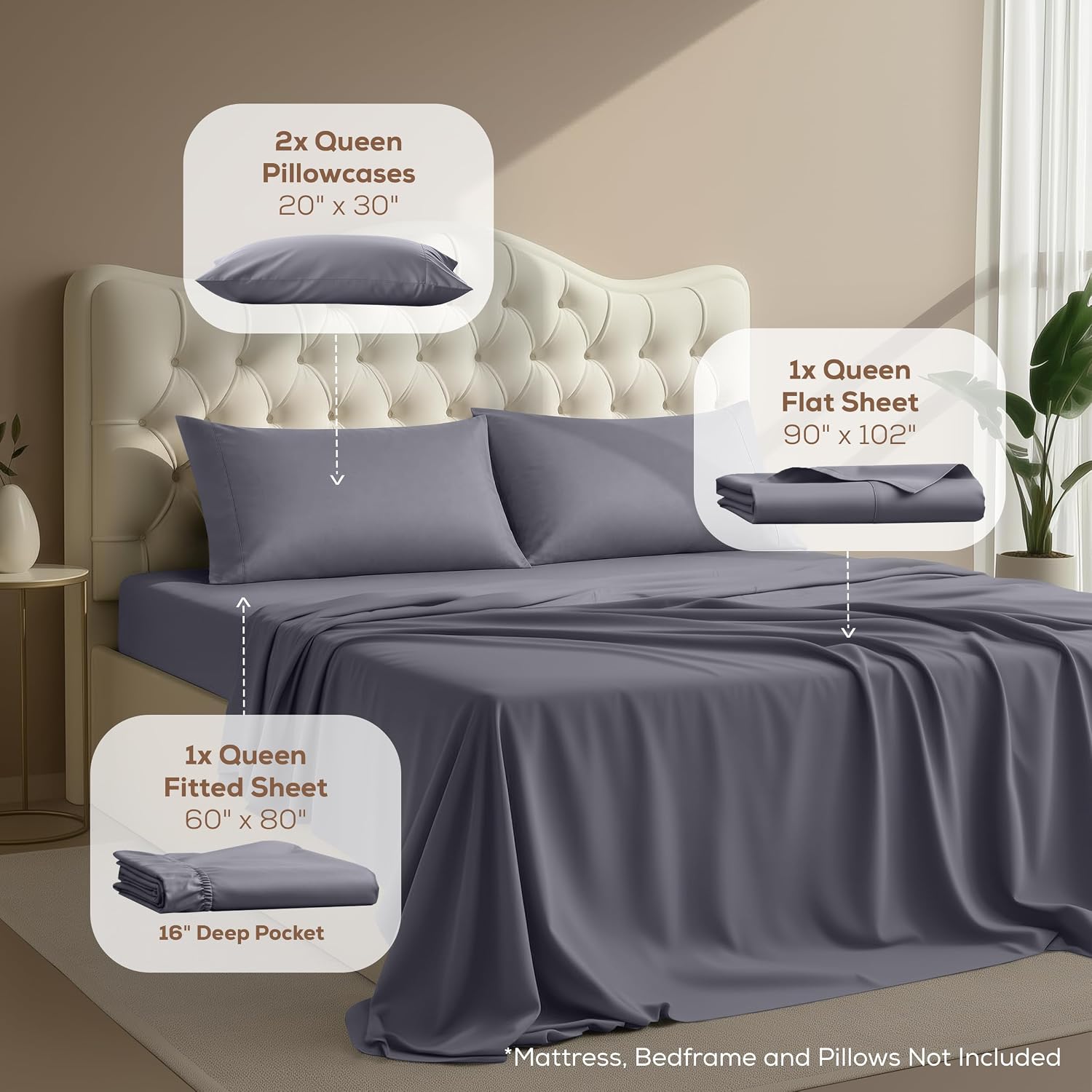 Queen Sheets Set, 4 Pieces 16" Deep Pocket Hotel Luxury Bed Sheets, Grey