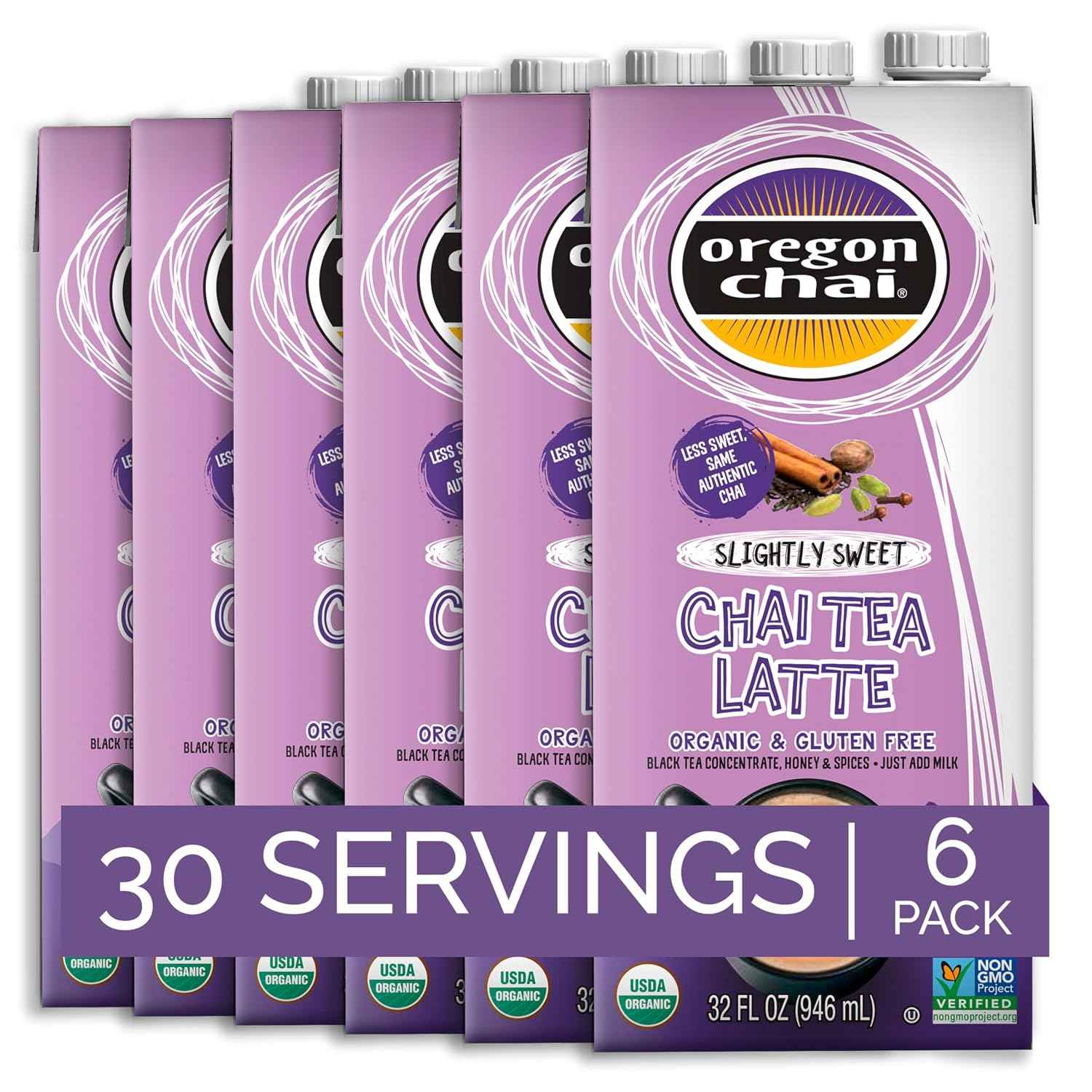 Oregon Chai Slightly Sweet Chai Concentrate, 32 Fluid Ounce (Pack of 6)