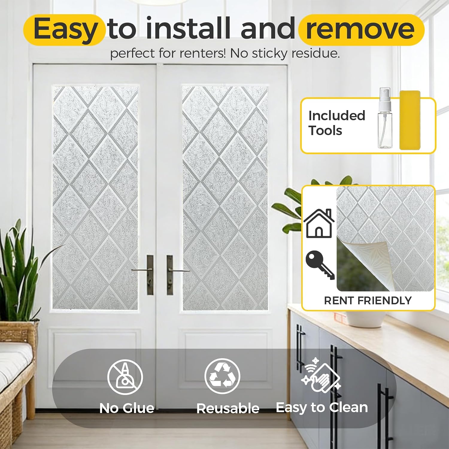 OHTMERU Window Privacy Film Decorative for Front Door, Bathroom Static Cling Stained Glass Sticker Opaque Heat Control UV Blocking Non-Adhesive for Home Windows 17.5 X 78.7 inches Argyle