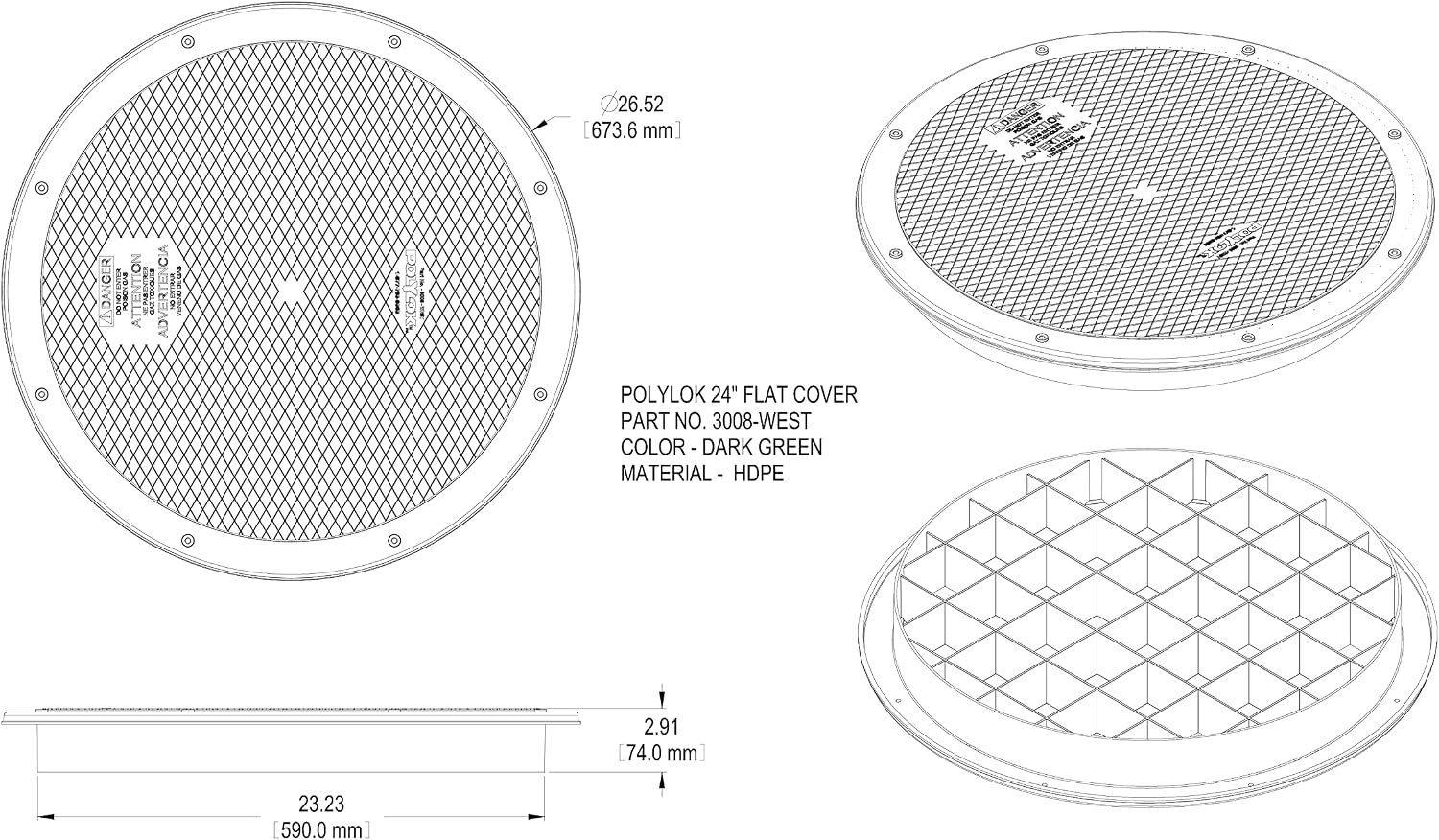 Polylok 24" Heavy Duty Flat Cover/Lid for Corrugated Pipe (PN: 3008-WEST)