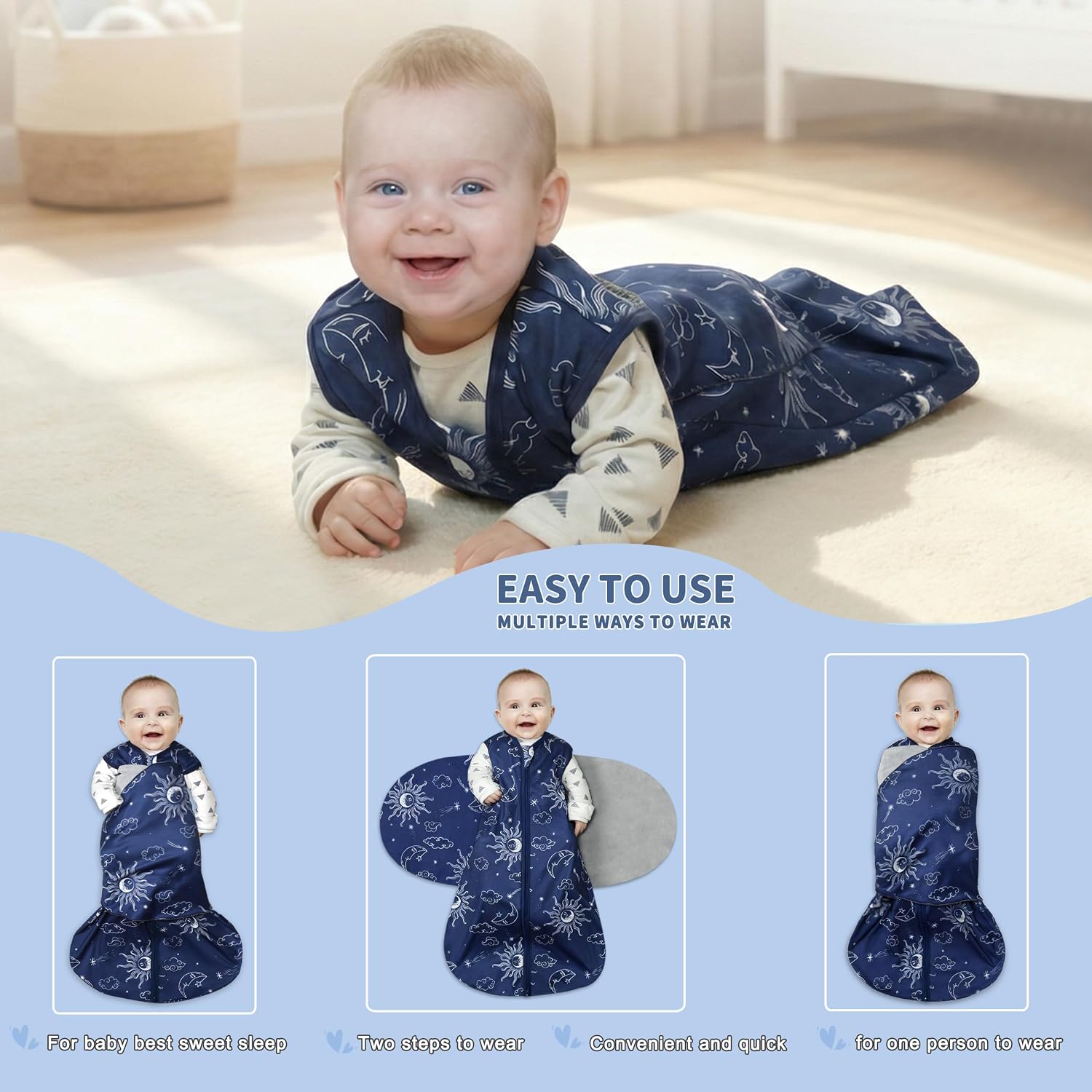 GUNTAIL Newborn Sleep Sack Baby Swaddle,3-Way Adjustable Wearable Blanket,100% Rayon Cotton Swaddling sleeping bag (Clouds & Moon, 0-3 Months)