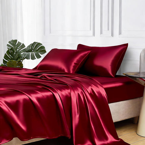 MR&HM Satin Sheets Twin Size with Elastic Corner Straps, Burgundy