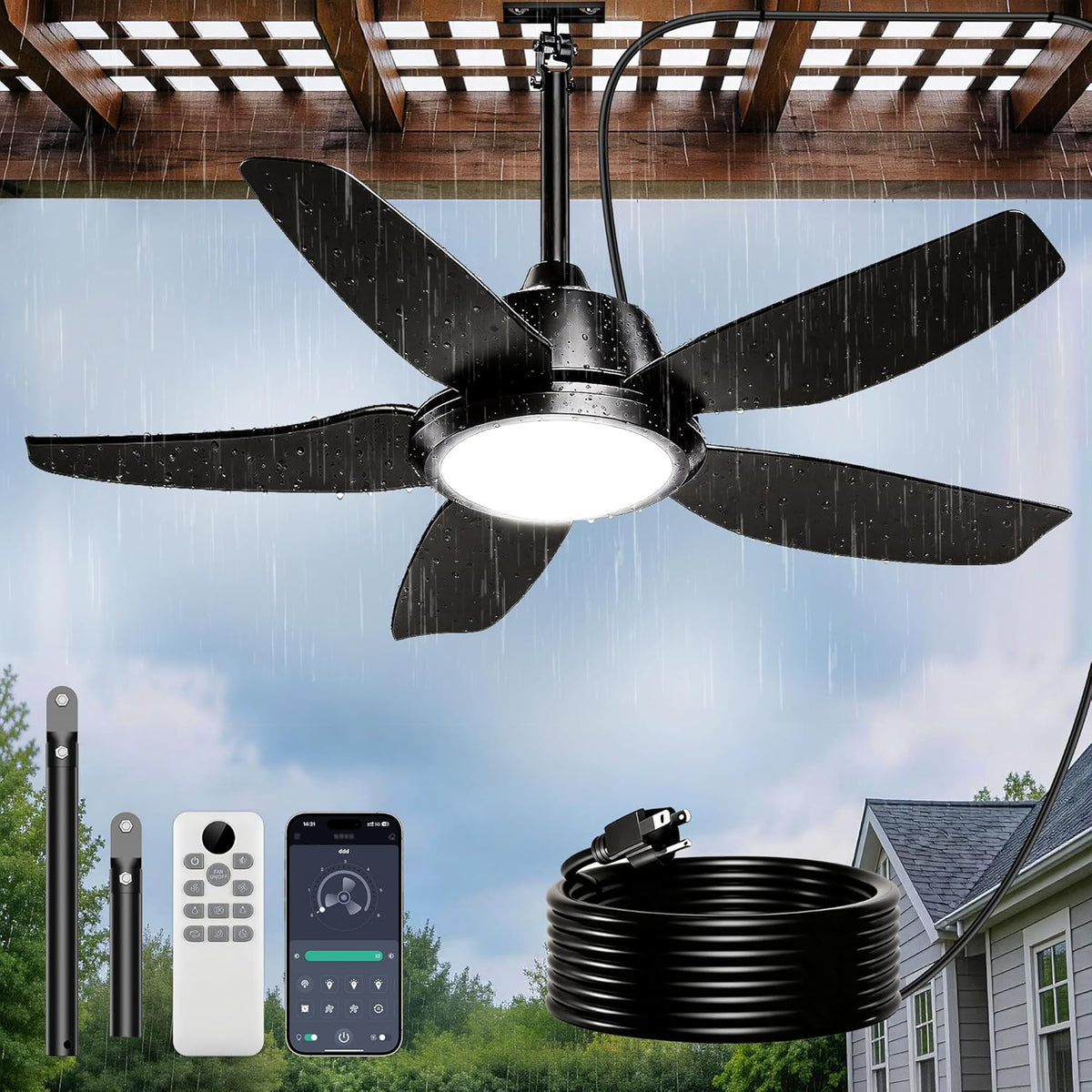 42 Inch Outdoor Ceiling Fan with Lights, IP65 Waterproof, APP & Remote Control, Dimmable 3CCT LED, 6-Speed Quiet DC Motor, Hanging Gazebo Fan Black Plug in Ceiling Fan with Cord for Patios Porch