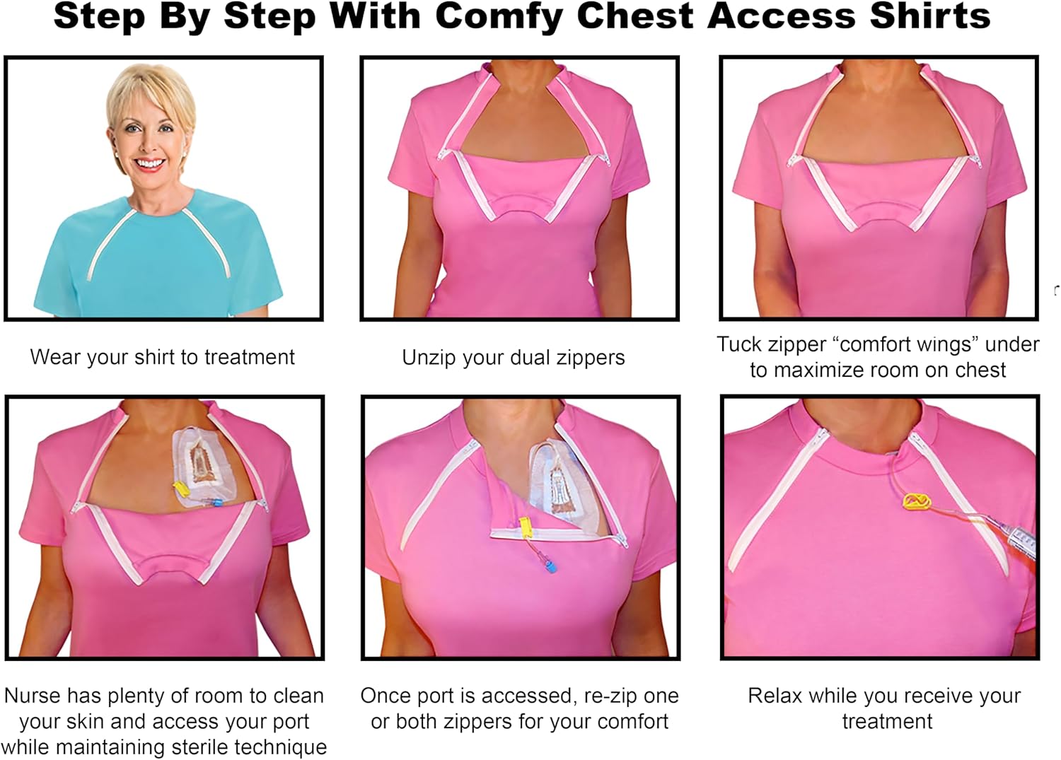 ComfyChemo® CHEMOWEAR : Women's Long Sleeve Chemotherapy Port Zipper Shirts