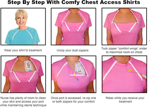ComfyChemo® CHEMOWEAR : Women's Long Sleeve Chemotherapy Port Zipper Shirts