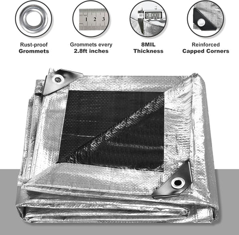 Tarps Waterproof 8x10 Feet, 2 Pack Heavy Duty Silver Tarp Cover 8 Mil Thick, Resistant Plastic Tarpaulin with Metal Grommets, Outdoor Tent Cover for Emergency Rain