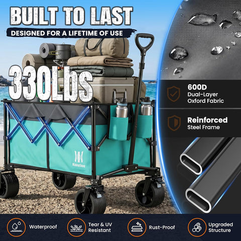 Navatiee 330Lbs Collapsible Folding Wagon, Beach Wagon Cart Heavy Duty Foldable with Big Wheels, Utility Grocery Wagon with 165L Large Capacity for Camping Garden Sports, Light Blue