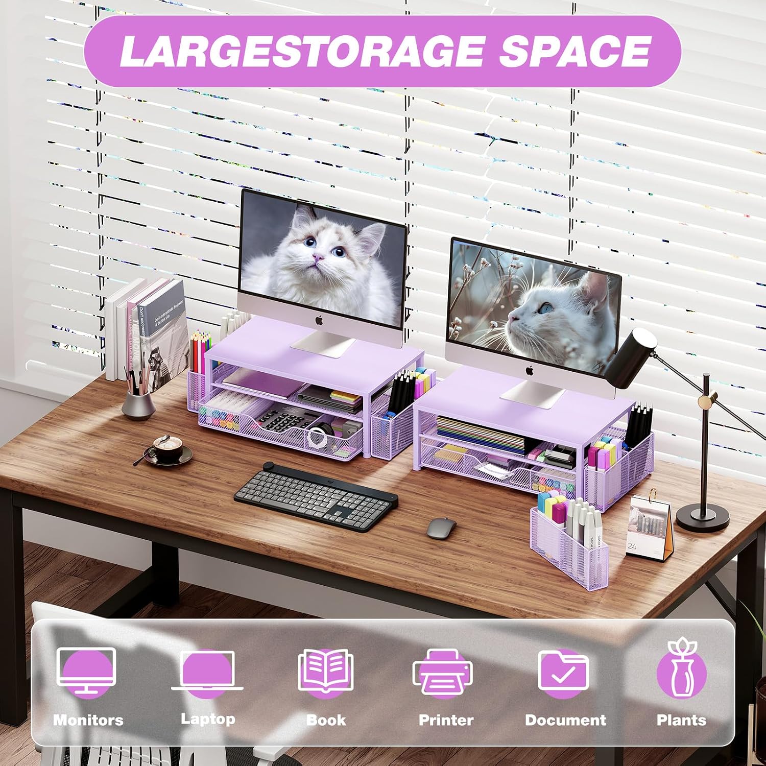 OPNICE Desk Organizer and Accessories, 2-Tier Computer Monitor Stand Riser with Drawer and 2 Pen Holders, Laptop Stand, Office Desk Accessories for Office Supplies, Purple