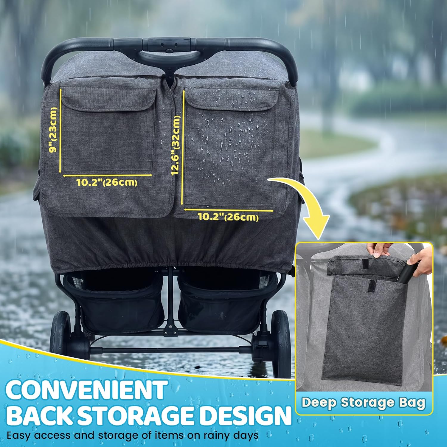 Universal Double Stroller Rain Cover, Easy Access, Durable, Gray