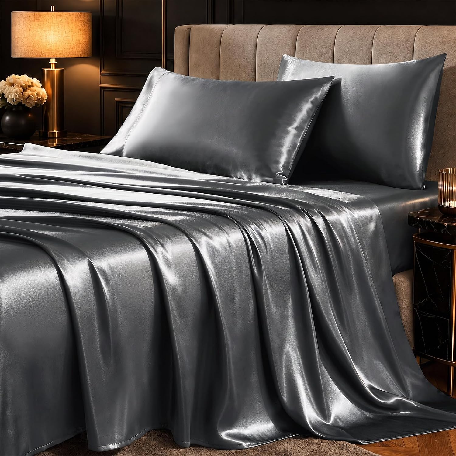 CozyLux Queen Satin Sheets, Fits Mattresses up to 14 Inches, 4-Piece