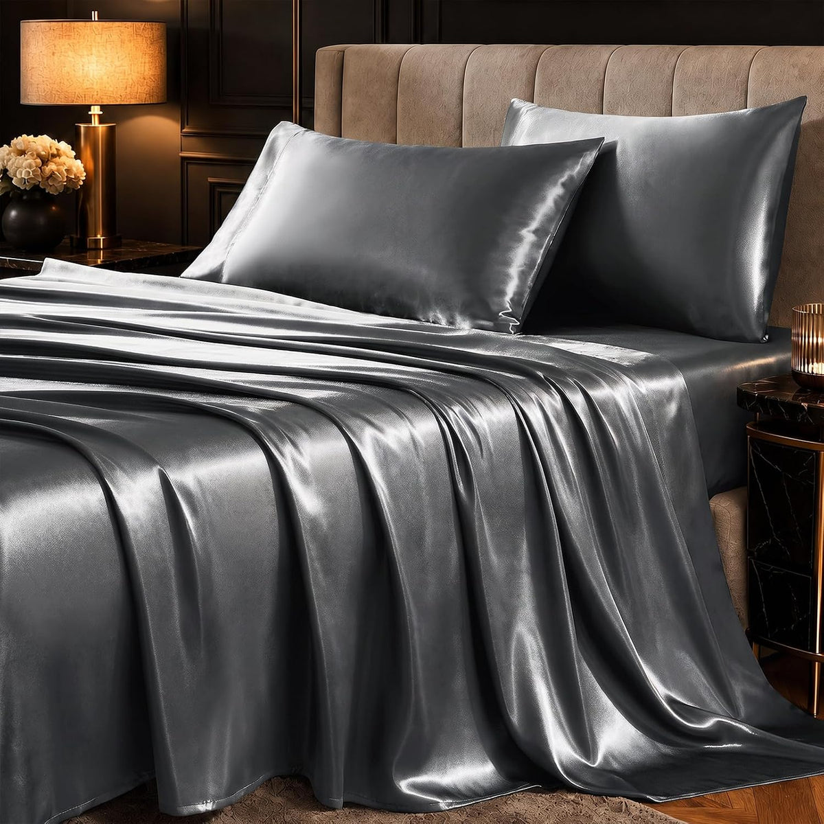 CozyLux Queen Satin Sheets, Fits Mattresses up to 14 Inches, 4-Piece