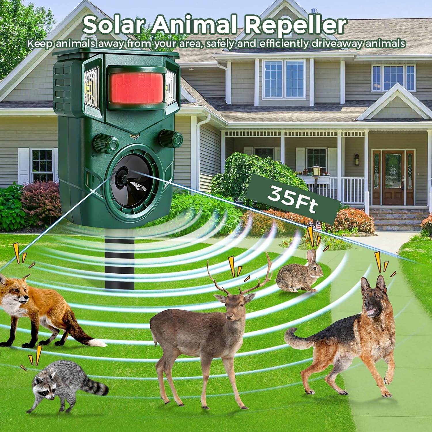 Solar Ultrasonic Animal Repellent Outdoor Squirrel Deer Cat Deterrent 2Pack