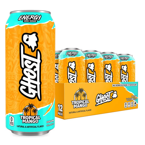 GHOST Energy Drink, Zero Sugars, 12-Pack, Tropical Mango, 16oz