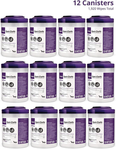 Super Sani-Cloth Disinfecting Cleaning Wipes, 12 Pack Case, 160 Count Each, Large Surface Wipes (6" x 6.75"), Multi-Surface Germicidal Cleaner for Home Health, Medical, Commercial Use