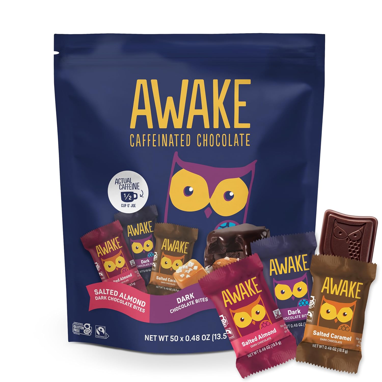 AWAKE - Caffeinated Chocolate Bites - USA Variety Pack (3 Flavors) 50 Bites - Dark, Salted Caramel, & Salted Almond - 50mg Caffeine - Coffee Alternative - Fairtrade - Gluten-Free - Non GMO - 0.48oz