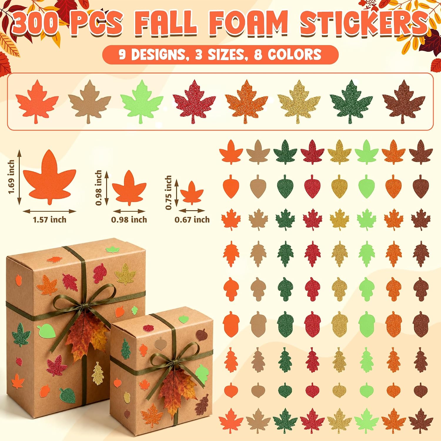300 Pcs Fall Foam Stickers, Glitter Maple Leaf Crafts Stickers, Fall Decor