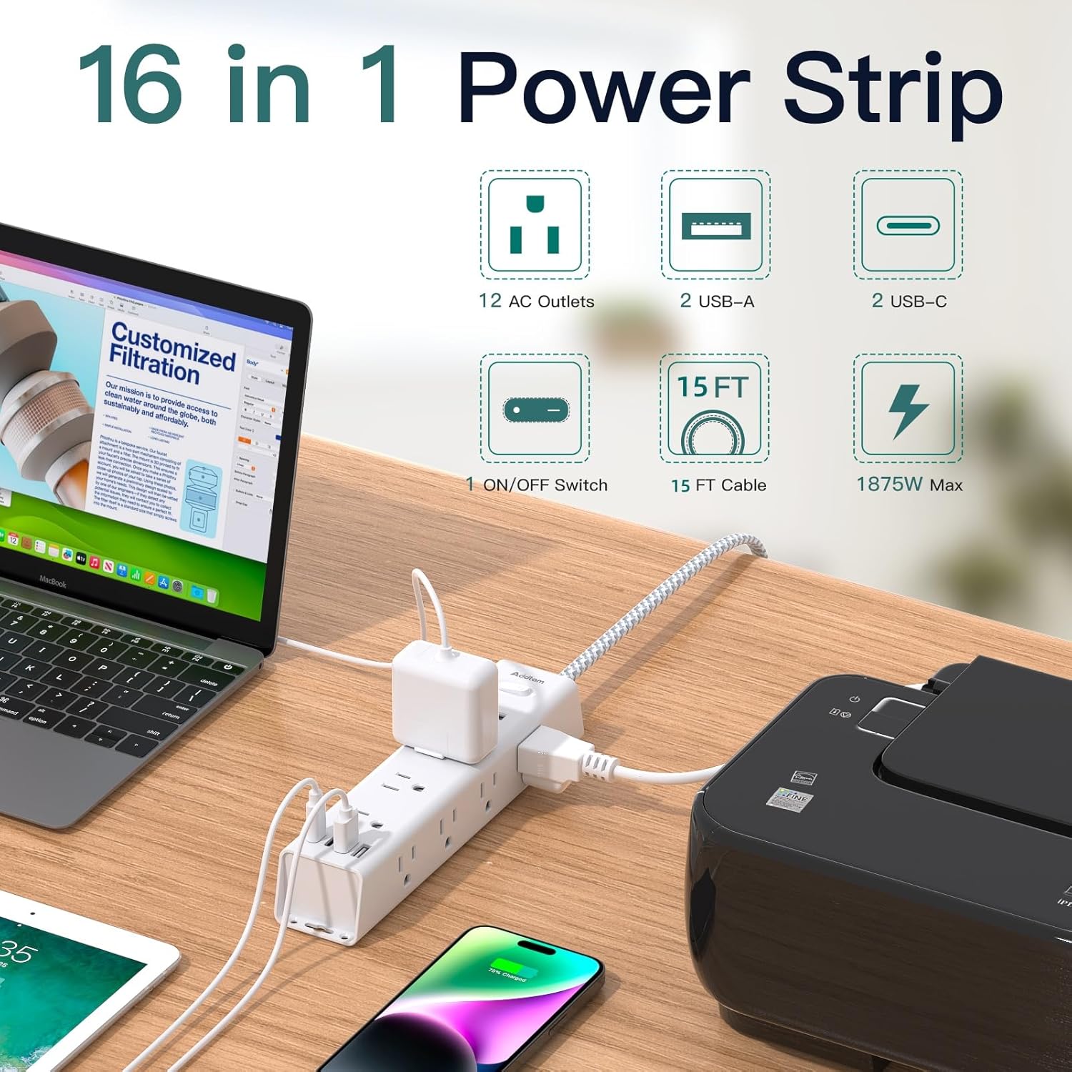 Surge Protector Power Strip - 15 FT Extension Cord with 12 AC Outlets 4 USB