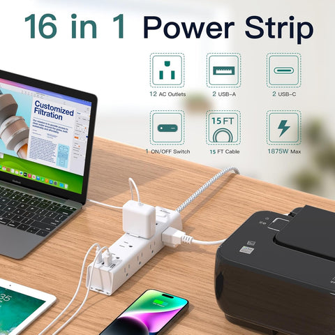 Surge Protector Power Strip - 15 FT Extension Cord with 12 AC Outlets 4 USB