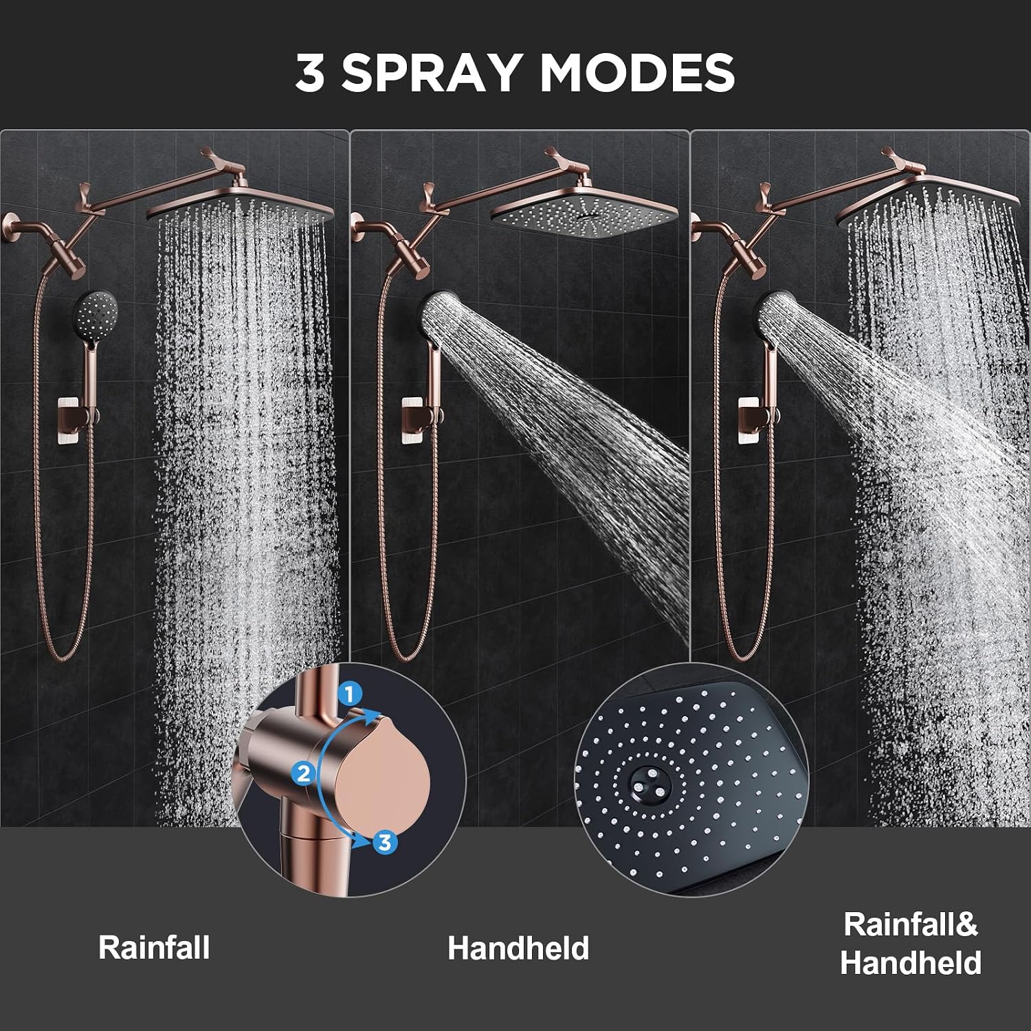 Veken Rose Gold 11.8" High Pressure Shower Head with Handheld, Easy Install