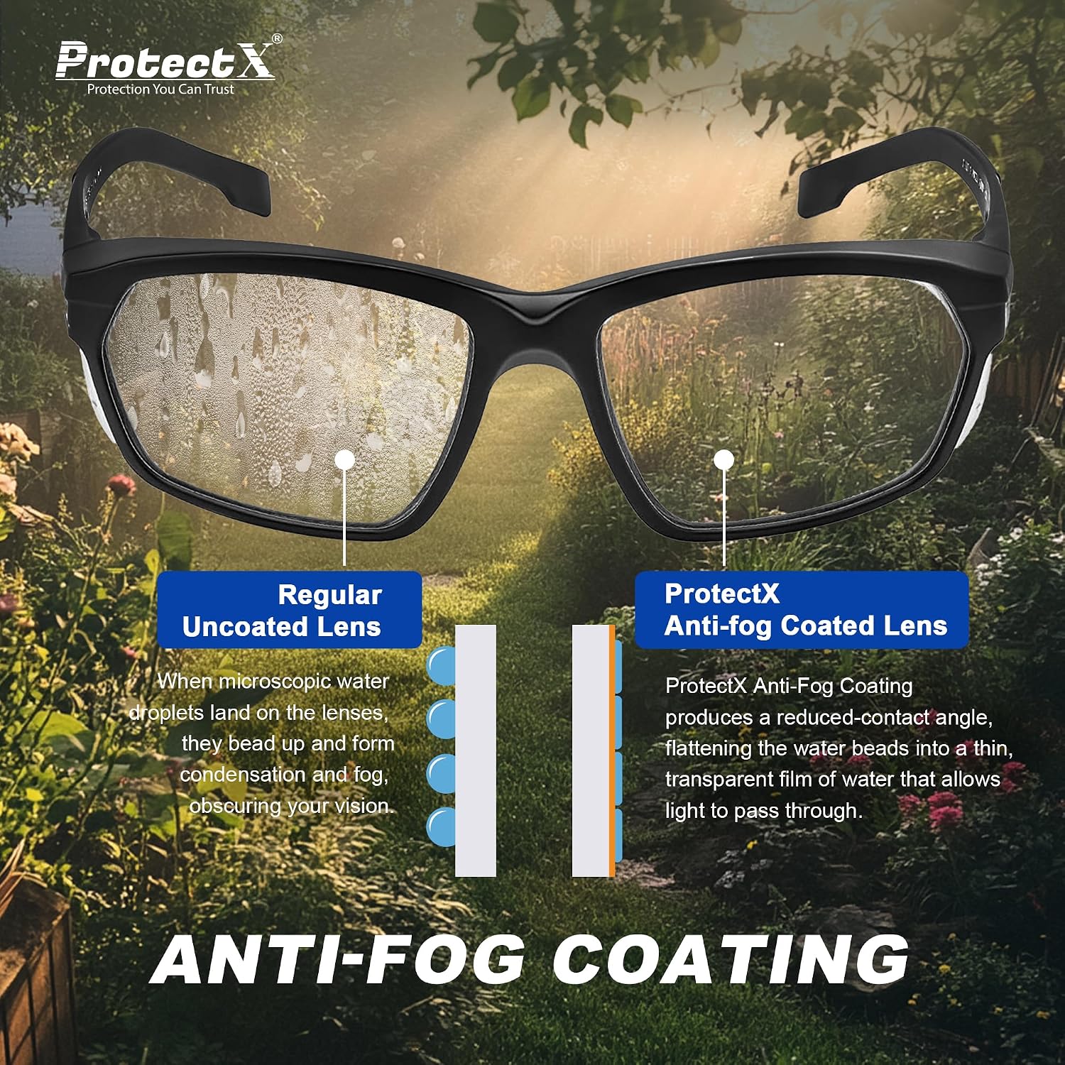 ProtectX Classic Safety Glasses, Anti-Fog Scratch Resistant Lenses
